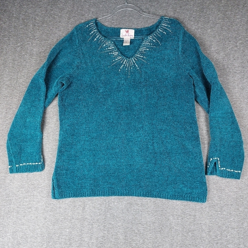 QUACKER FACTORY WOMENS TEAL BLUE BEADED EMBELLISHED YNECK SWEATER SIZE MEDIUM